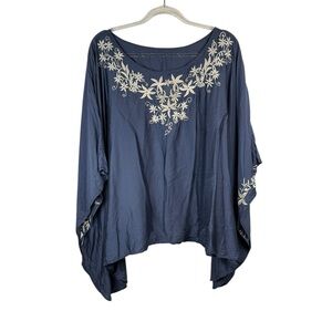 Blue Embellished Blouse with Dolman‎ Sleeves Imperfect